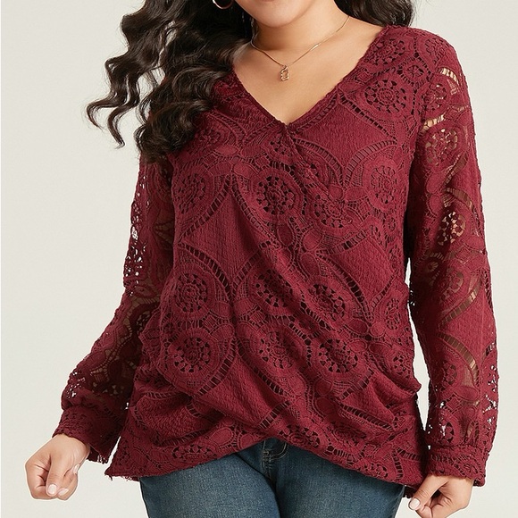 BloomChic Tops - BloomChic Red Crochet V-Neck Wrap Blouse Plus Size 2X